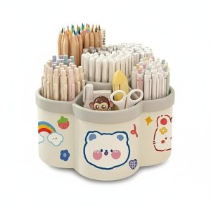 AccuPrints Sumiko Cute 360° Rotating Desk Organizer, Multi-Compartment Pen Holder with Cartoon Animal Design, Student Stationery Storage Container for Pencils, Markers, Scissors