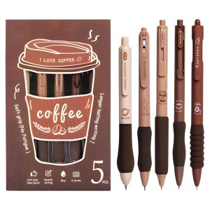 WISHKEY Coffee Theme Kawaii Japanese Stationery Items - 0.5mm Retractable Blue Ink Gel Pens Set of 5, Cute Pen for School, College Teenagers, Aesthetic Office Use